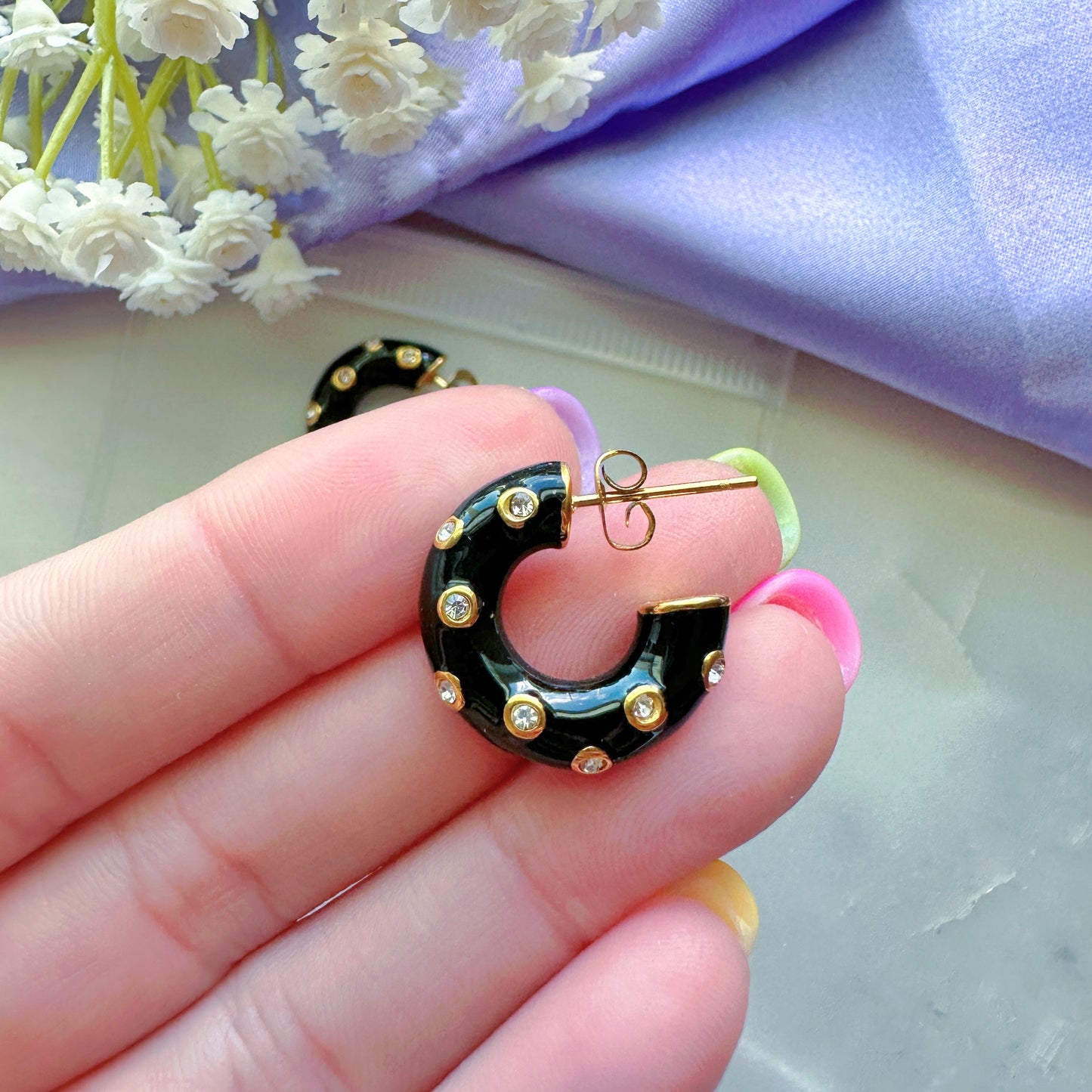 Black Shimmering Hoop Earrings