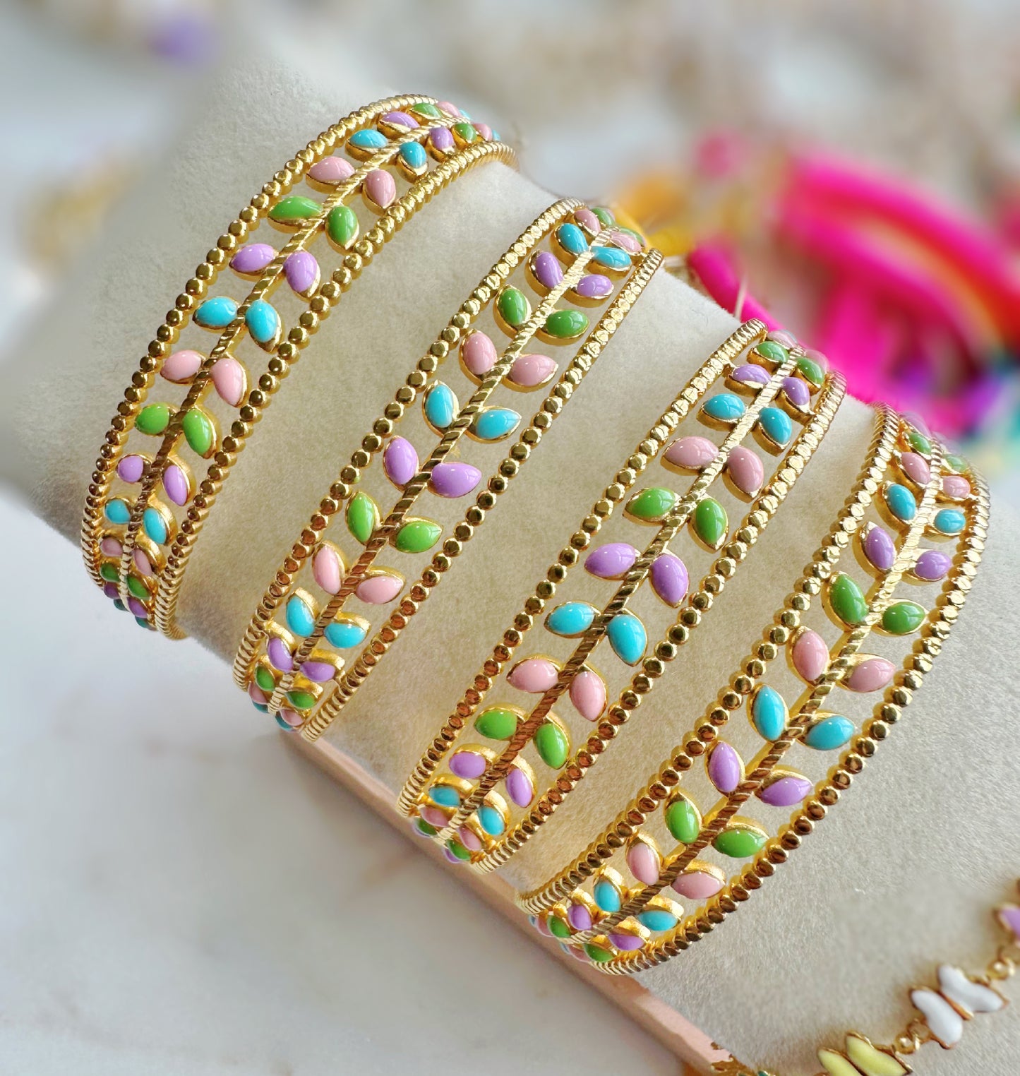 Pastel Leaves Stainless Steel Bangle Bracelet
