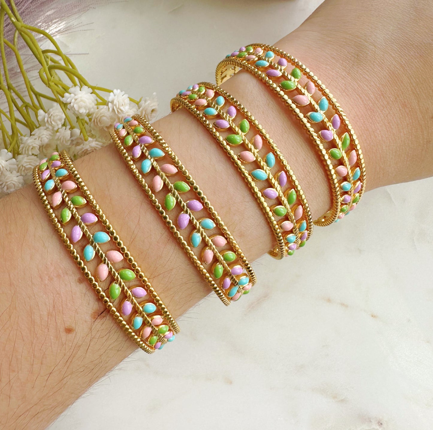 Pastel Leaves Stainless Steel Bangle Bracelet