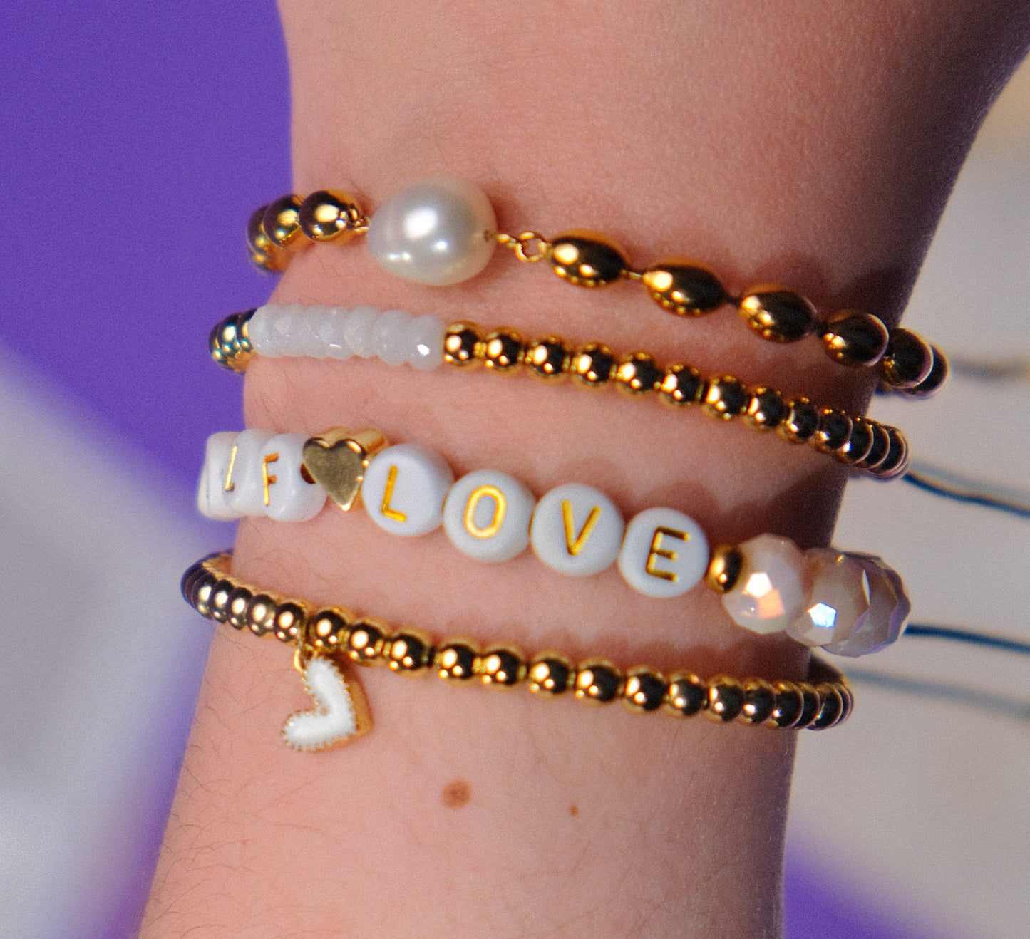 White Crystals And Golden Beads Adjustable Bracelet