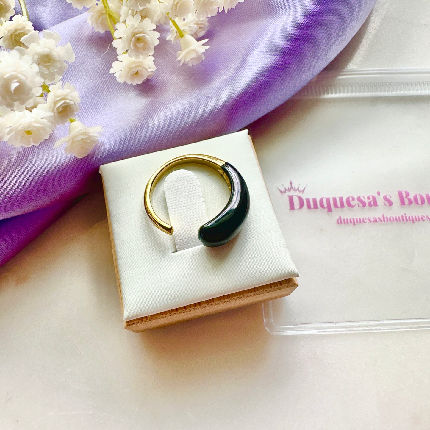 Black Enamel & Gold Adjustable Ring