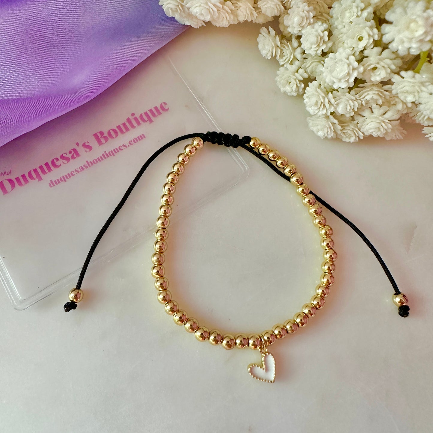 Gold beaded and white dangle heart adjustable Bracelet