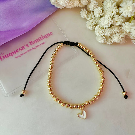 Gold beaded and white dangle heart adjustable Bracelet