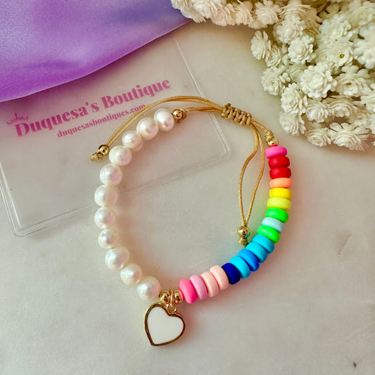 Multicolor & White Hear Charm Pearls Adjustable Bracelet