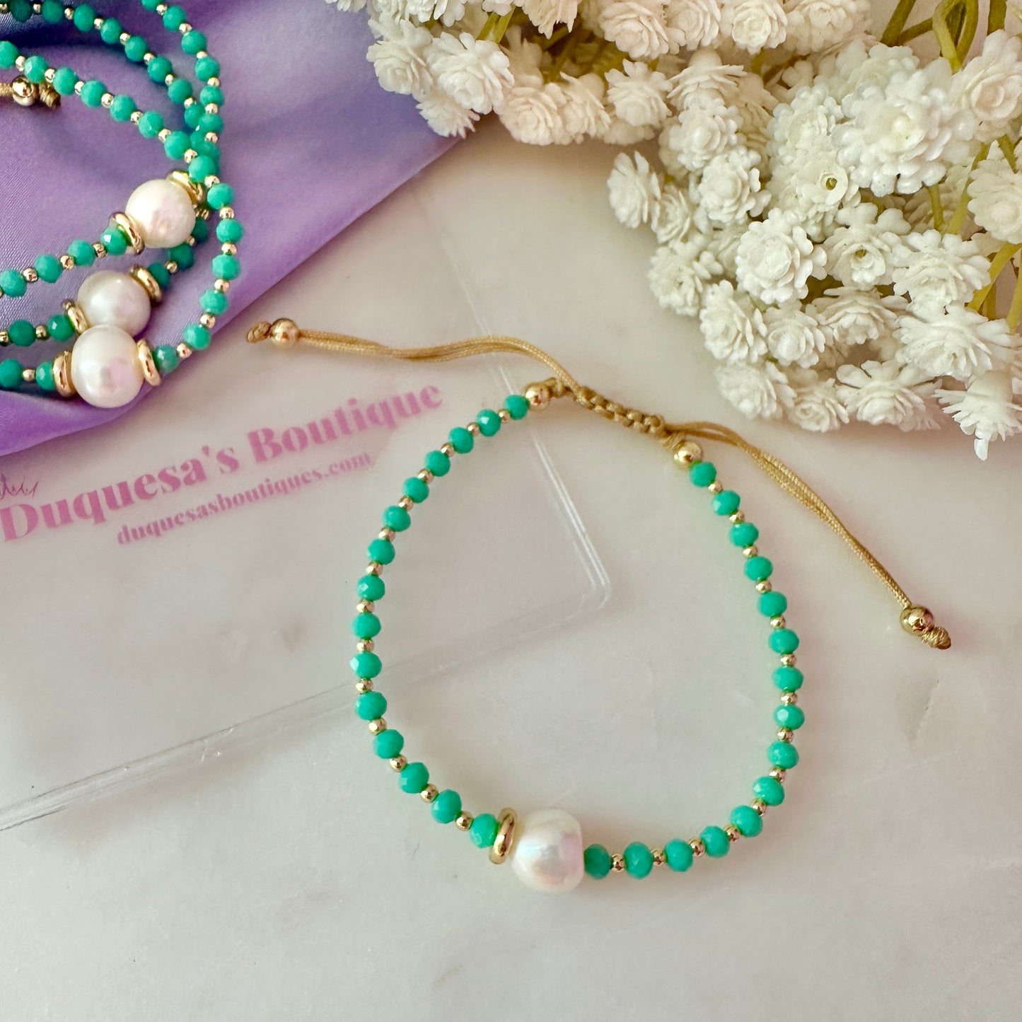 Turquoise Crystals Freshwater Pearl Adjustable Bracelet