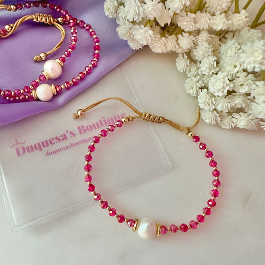 Magenta Crystals Freshwater Pearl Adjustable Bracelet