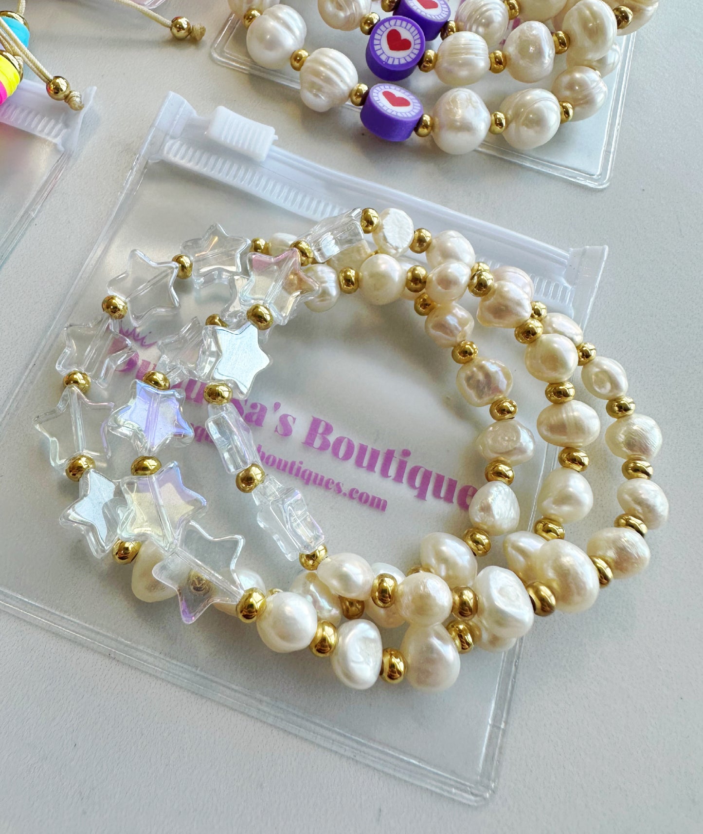 Clear Stars & Fresh Water Pearl Bracelet