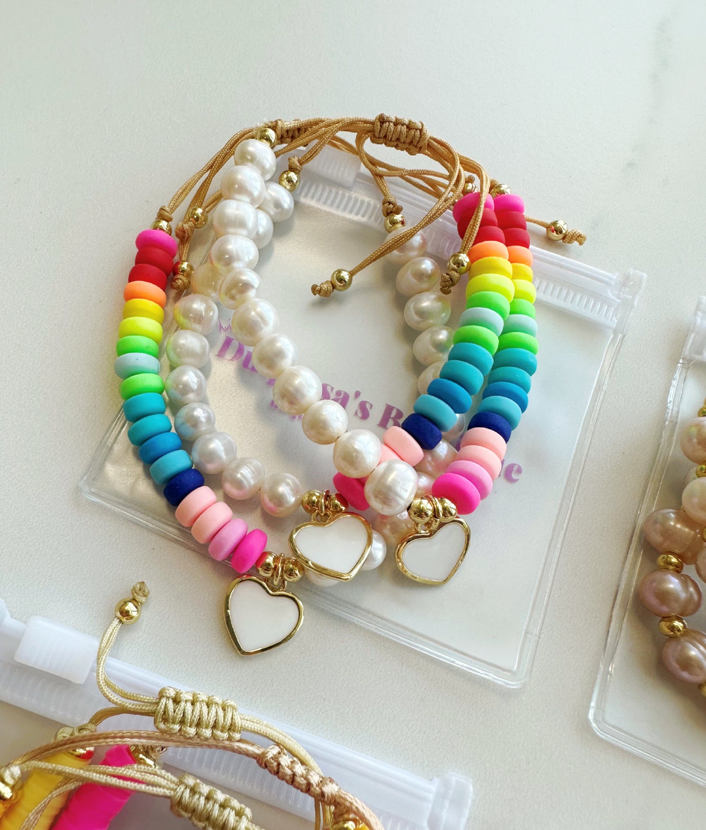 Multicolor & White Hear Charm Pearls Adjustable Bracelet