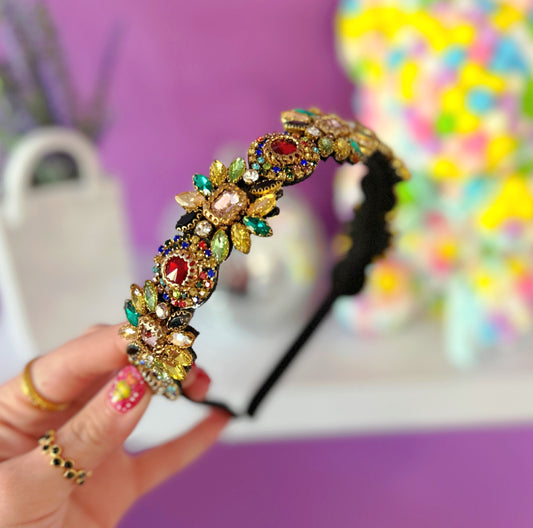 Black Multicolor Flowers Beaded Headband